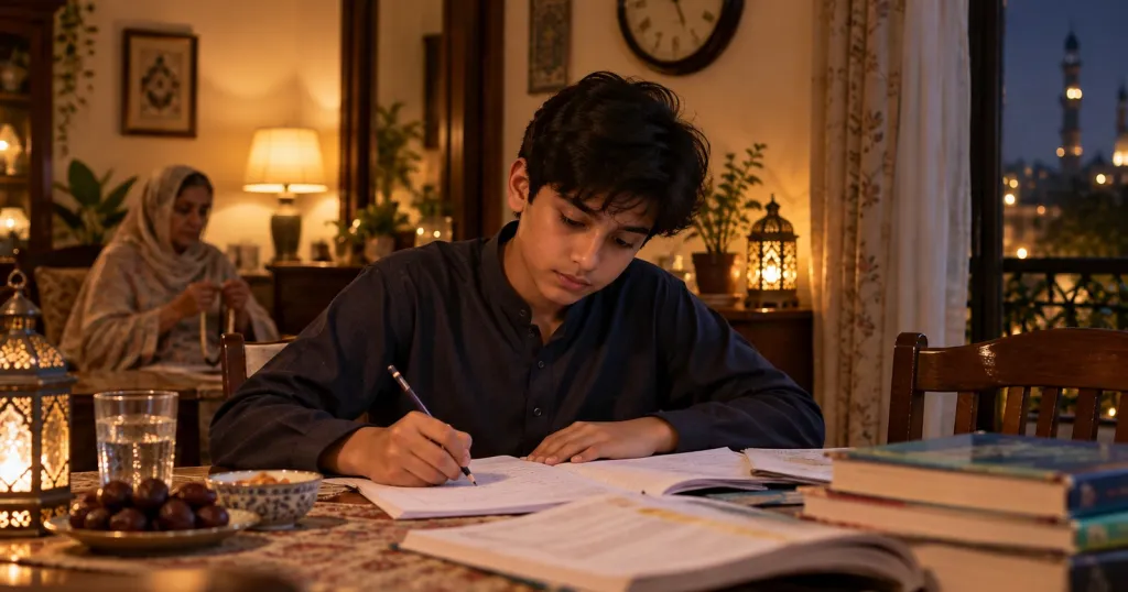 A teenage boy revises at the dining table on a Ramadan evening, with dates and a glass of water beside him and his grandmother with prayer beads behind.