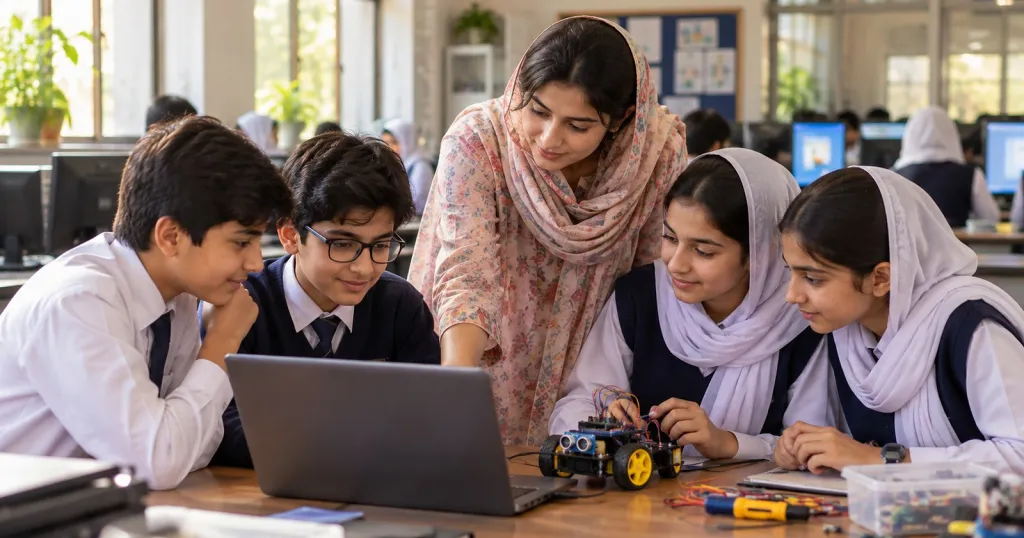 Four students in school uniform gather round a laptop and a small wheeled robot kit in a computer lab while their teacher leans in and points.