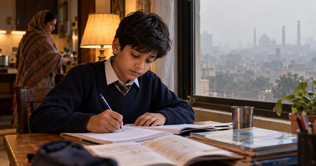 A boy in a navy school sweater does his homework at a desk by a window while Lahore lies grey with smog outside; his mother sits behind him in a shawl.