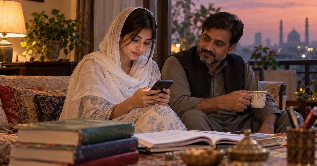 A young woman in a white dupatta looks thoughtfully at her phone on a sofa at dusk, her father beside her with a cup of chai and a stack of textbooks on the table.
