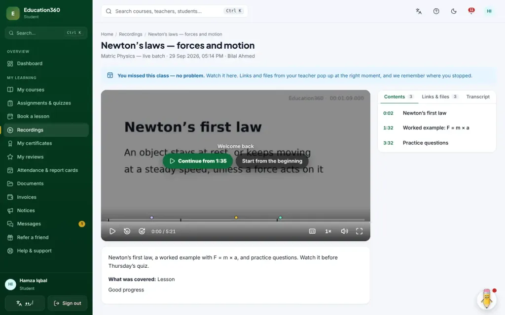 A class recording on Education360 with chapters, a 'Continue from' button and the transcript beside the video