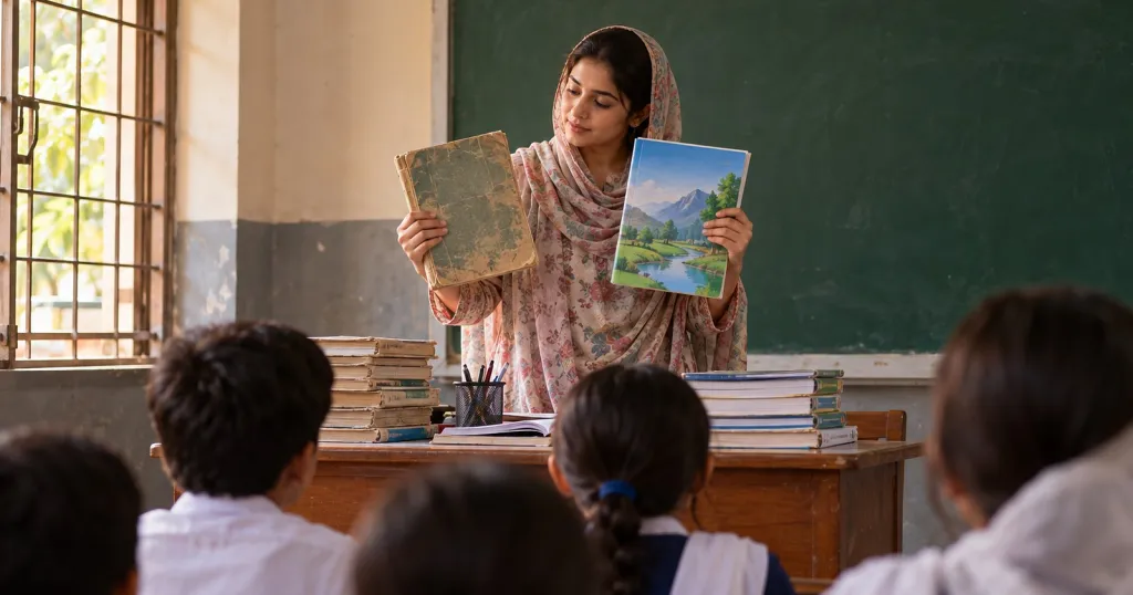 دوپٹا اوڑھے ایک ٹیچر سبز تختے کے سامنے ایک پرانی اور ایک نئی کتاب ساتھ ساتھ اٹھائے ہوئے ہیں، اور بچے دیکھ رہے ہیں۔