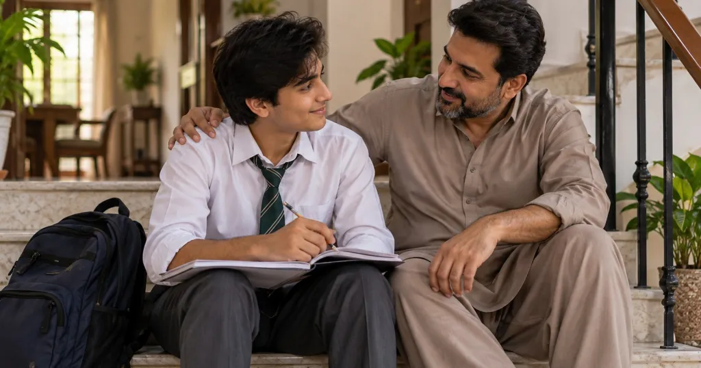 A father sits on the stairs at home with his arm round his teenage son, who holds a notebook and smiles, a school bag beside them.