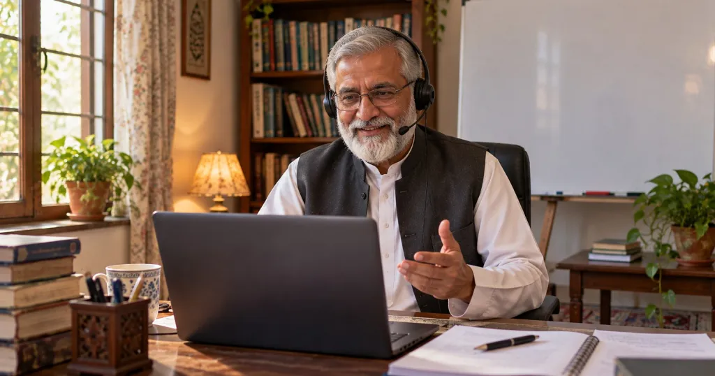 An older teacher with a grey beard and glasses, wearing a headset and a waistcoat over shalwar kameez, smiles at his laptop as an online class begins.