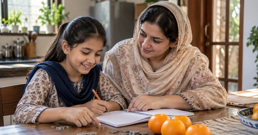 ایک امی اور ان کی مسکراتی بیٹی باورچی خانے کی میز پر کاپی میں سوال حل کر رہی ہیں، سامنے گننے کے لیے سکے اور مالٹے رکھے ہیں۔