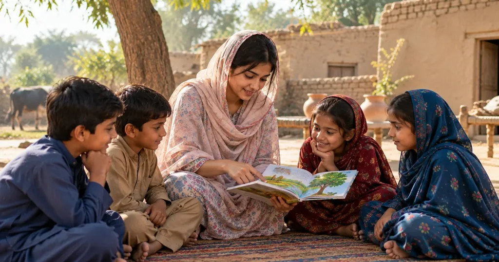 A young woman reads a colourful picture book to four children sitting on a mat in a village courtyard beside a mud-brick wall.